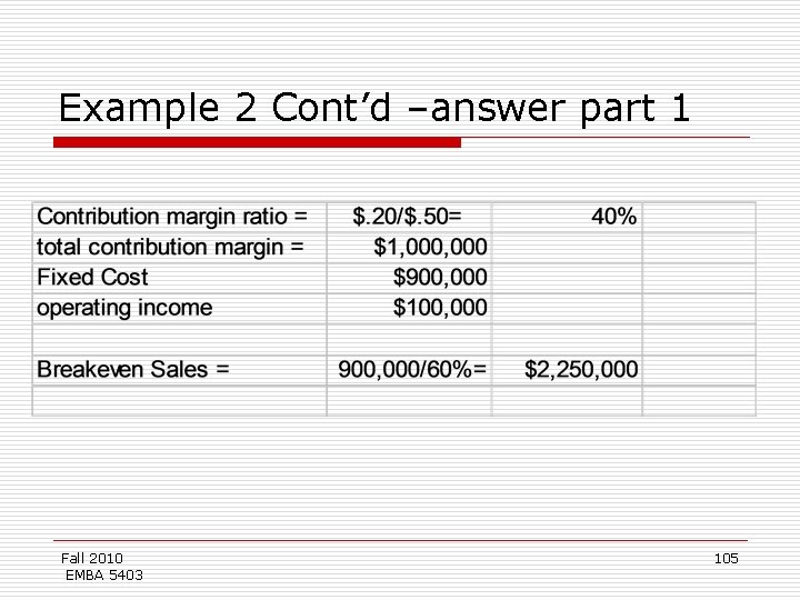 Example 2 Cont’d –answer part 1 Fall 2010 EMBA 5403 105 