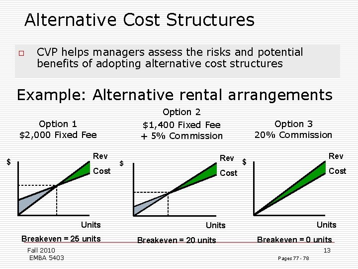 Alternative Cost Structures o CVP helps managers assess the risks and potential benefits of