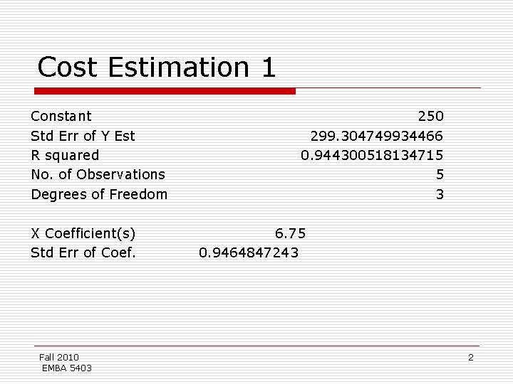 Cost Estimation 1 Constant Std Err of Y Est R squared No. of Observations