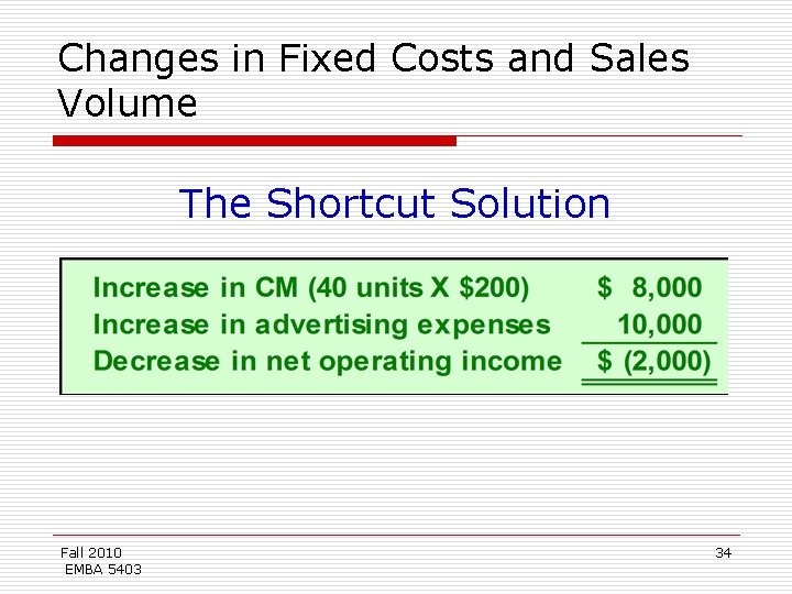 Changes in Fixed Costs and Sales Volume The Shortcut Solution Fall 2010 EMBA 5403