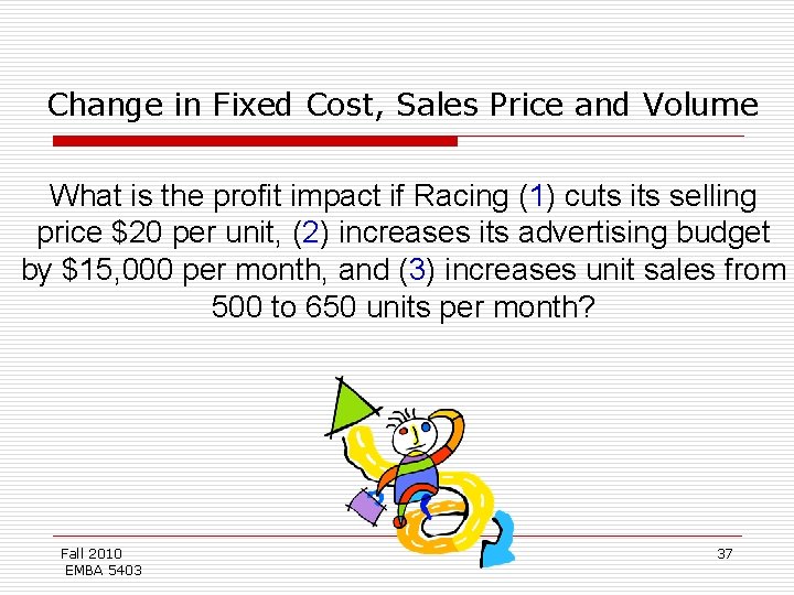 Change in Fixed Cost, Sales Price and Volume What is the profit impact if