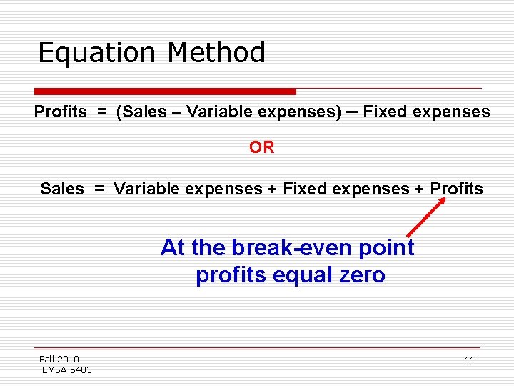 Equation Method Profits = (Sales – Variable expenses) – Fixed expenses OR Sales =