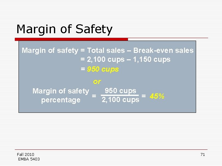 Margin of Safety Margin of safety = Total sales – Break-even sales = 2,