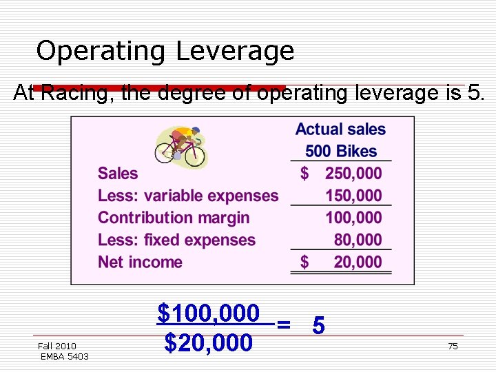 Operating Leverage At Racing, the degree of operating leverage is 5. Fall 2010 EMBA