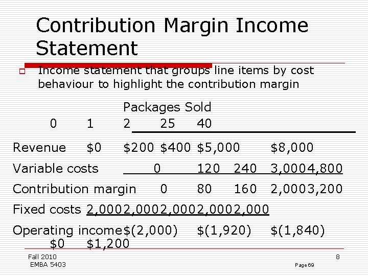 Contribution Margin Income Statement o Income statement that groups line items by cost behaviour