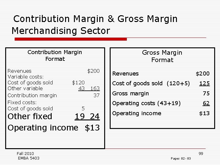 Contribution Margin & Gross Margin Merchandising Sector Gross Margin Format Contribution Margin Format Revenues