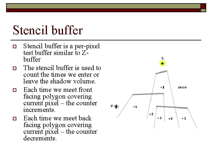 Stencil buffer o o Stencil buffer is a per-pixel test buffer similar to Zbuffer