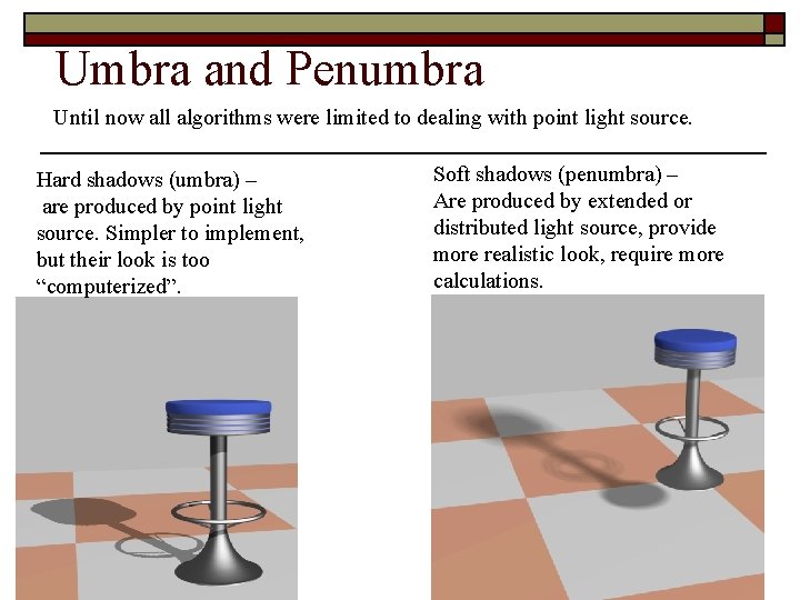 Umbra and Penumbra Until now all algorithms were limited to dealing with point light
