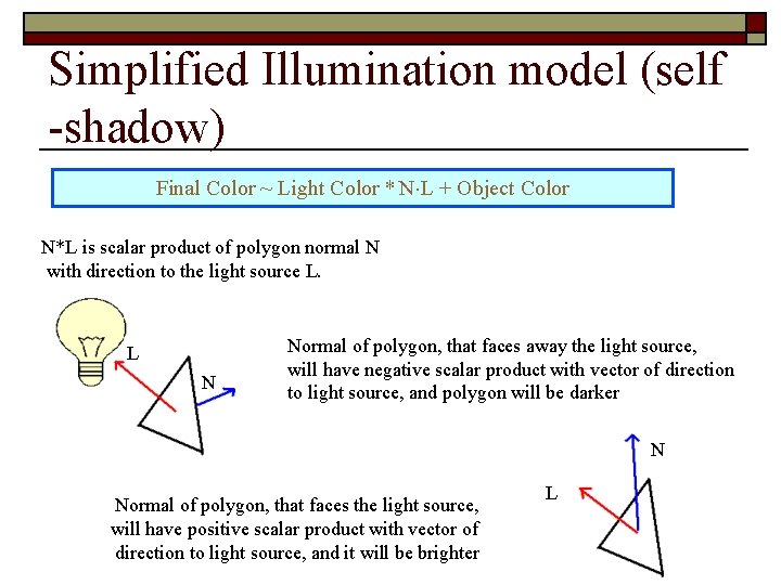 Simplified Illumination model (self -shadow) Final Color ~ Light Color * N L +