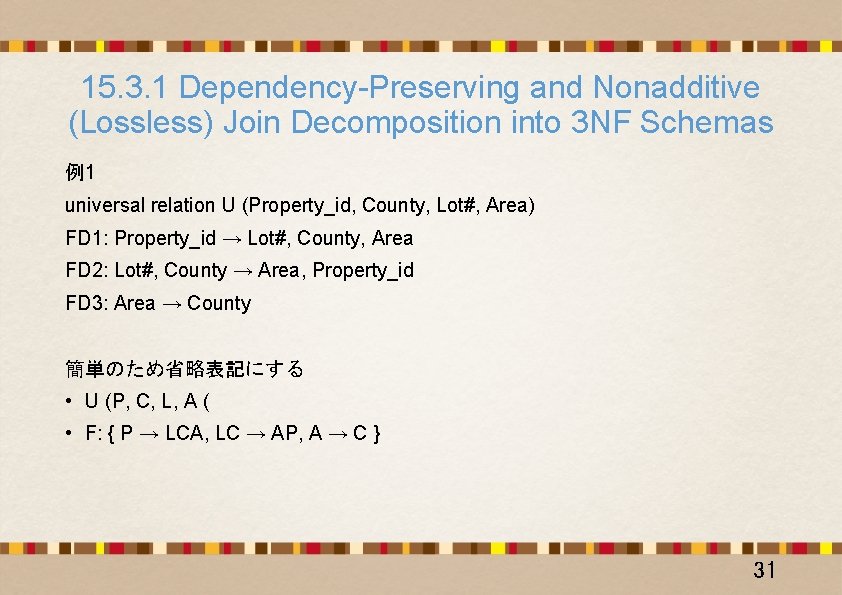 15. 3. 1 Dependency-Preserving and Nonadditive (Lossless) Join Decomposition into 3 NF Schemas 例1