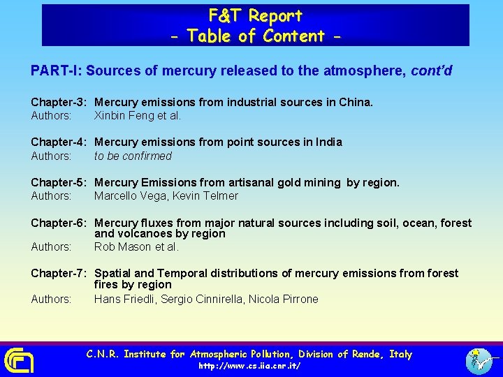 F&T Report - Table of Content PART-I: Sources of mercury released to the atmosphere,