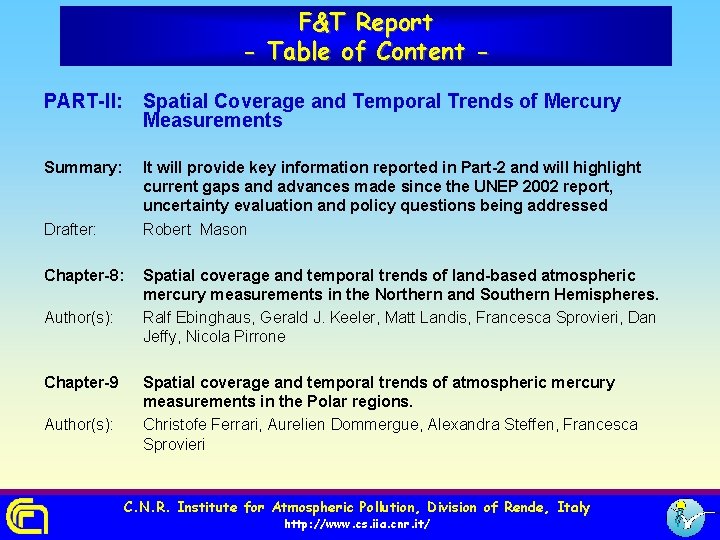 F&T Report - Table of Content PART-II: Spatial Coverage and Temporal Trends of Mercury
