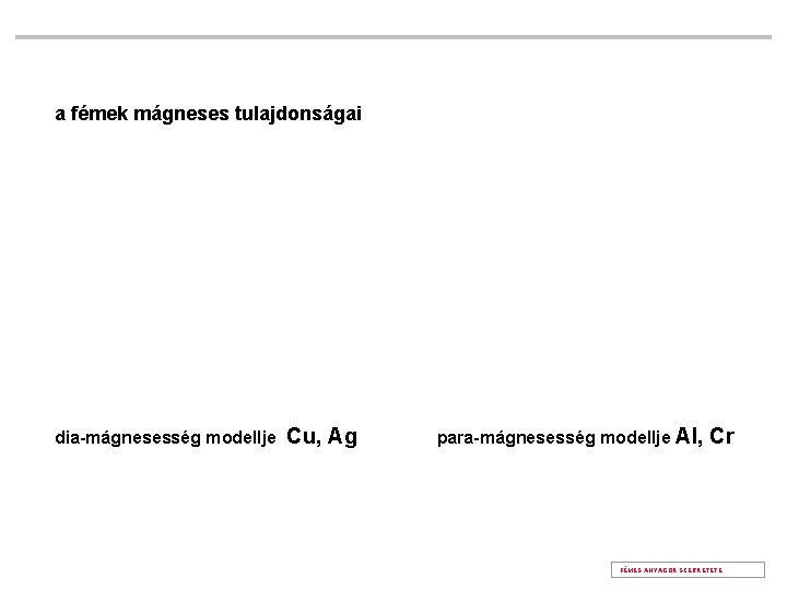 a fémek mágneses tulajdonságai dia-mágnesesség modellje Cu, Ag para-mágnesesség modellje Al, Cr FÉMES ANYAGOK