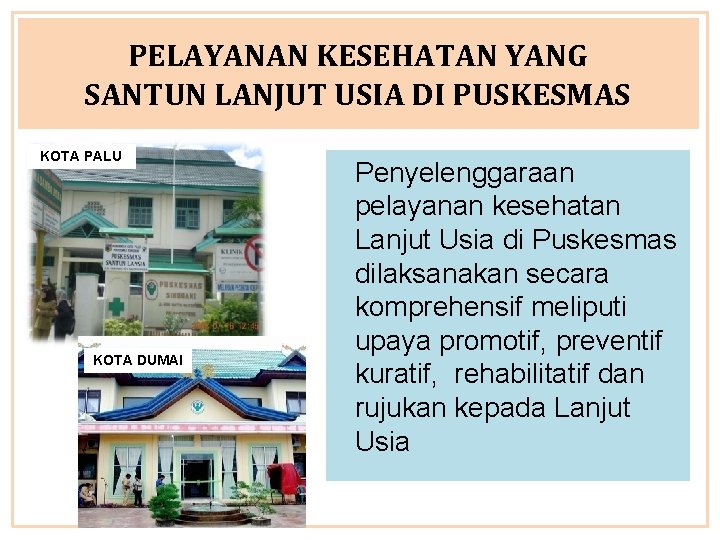 PELAYANAN KESEHATAN YANG SANTUN LANJUT USIA DI PUSKESMAS KOTA PALU KOTA DUMAI Penyelenggaraan pelayanan