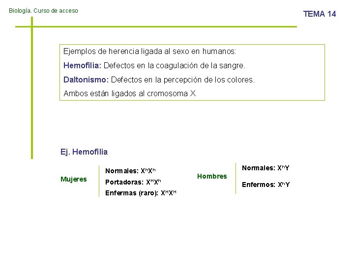 Biología. Curso de acceso TEMA 14 Ejemplos de herencia ligada al sexo en humanos: