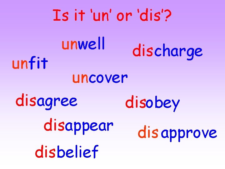 Is it ‘un’ or ‘dis’? unfit unwell discharge uncover disagree disobey disappear disbelief dis