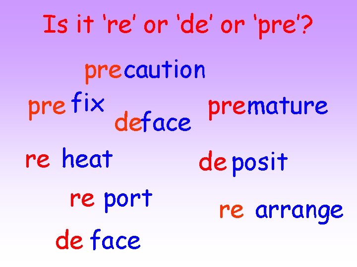 Is it ‘re’ or ‘de’ or ‘pre’? precaution pre fix premature deface re heat