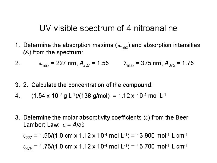 UV-visible spectrum of 4 -nitroanaline 1. Determine the absorption maxima (lmax) and absorption intensities