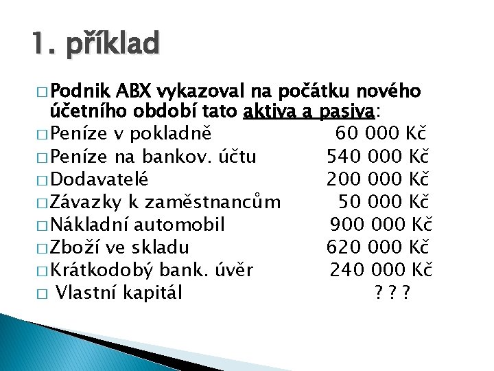 1. příklad � Podnik ABX vykazoval na počátku nového účetního období tato aktiva a