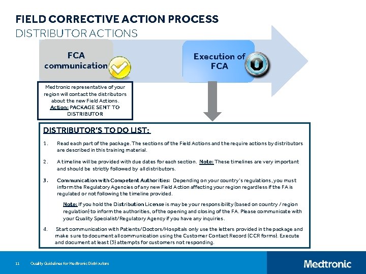 FIELD CORRECTIVE ACTION PROCESS DISTRIBUTOR ACTIONS FCA communication Execution of FCA Medtronic representative of