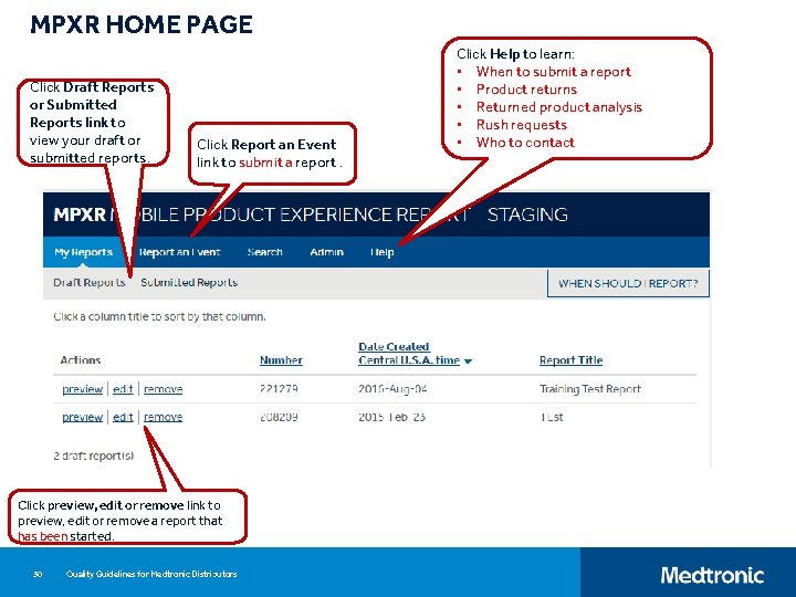 MPXR HOME PAGE Click Draft Reports or Submitted Reports link to view your draft