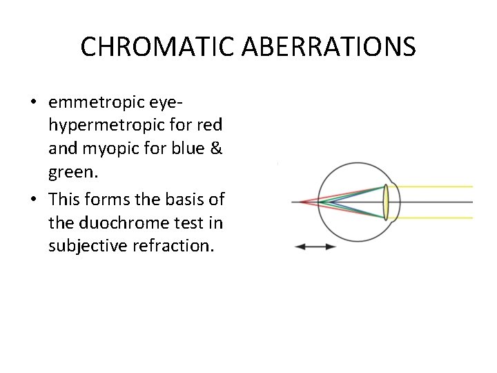 CHROMATIC ABERRATIONS • emmetropic eyehypermetropic for red and myopic for blue & green. •