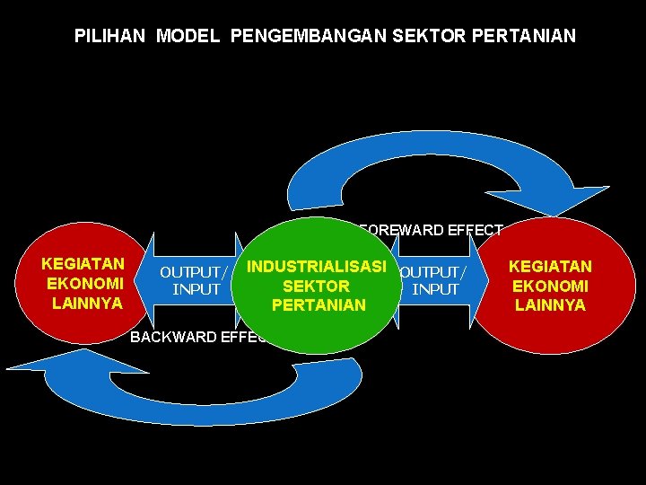 PILIHAN MODEL PENGEMBANGAN SEKTOR PERTANIAN FOREWARD EFFECT KEGIATAN EKONOMI LAINNYA OUTPUT/ INPUT INDUSTRIALISASI OUTPUT/