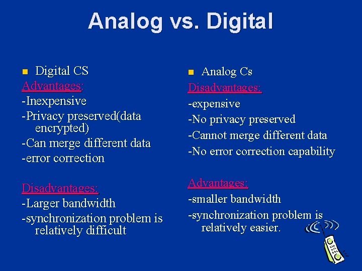 Analog vs. Digital CS Advantages: -Inexpensive -Privacy preserved(data encrypted) -Can merge different data -error Analog vs. Digital CS Advantages: -Inexpensive -Privacy preserved(data encrypted) -Can merge different data -error