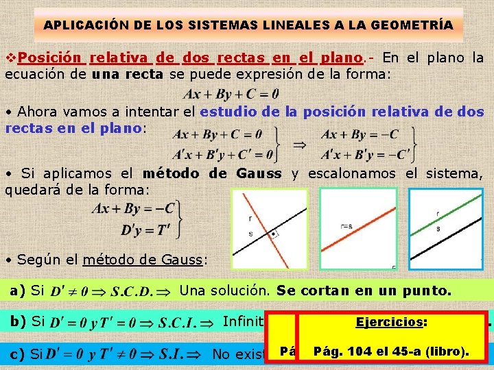APLICACIÓN DE LOS SISTEMAS LINEALES A LA GEOMETRÍA v. Posición relativa de dos rectas