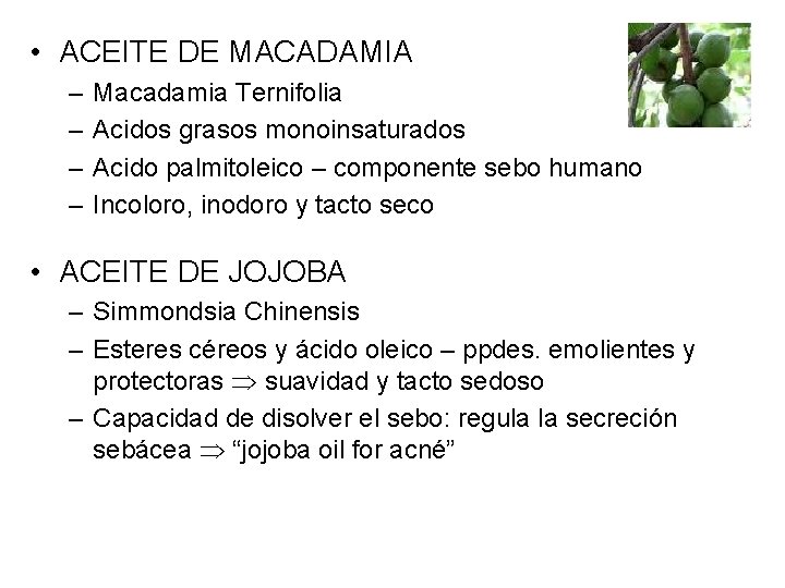  • ACEITE DE MACADAMIA – – Macadamia Ternifolia Acidos grasos monoinsaturados Acido palmitoleico