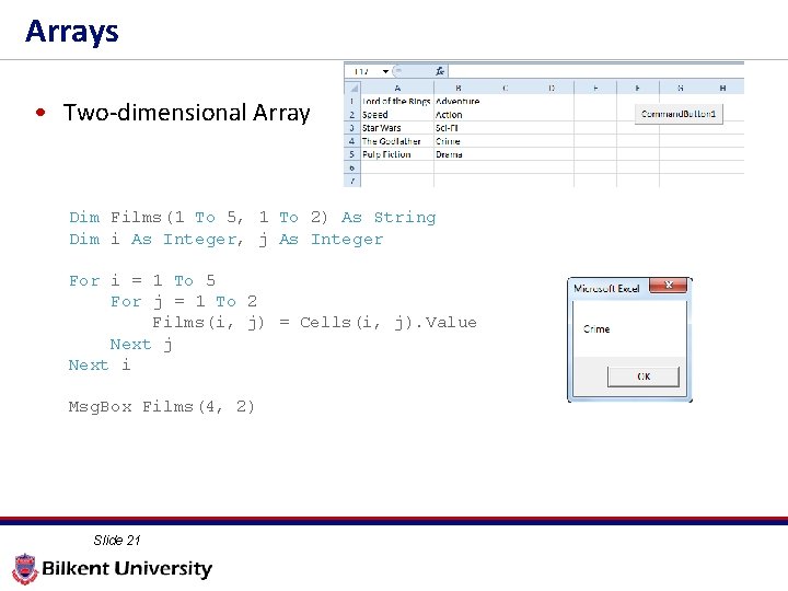 Arrays • Two-dimensional Array Dim Films(1 To 5, 1 To 2) As String Dim