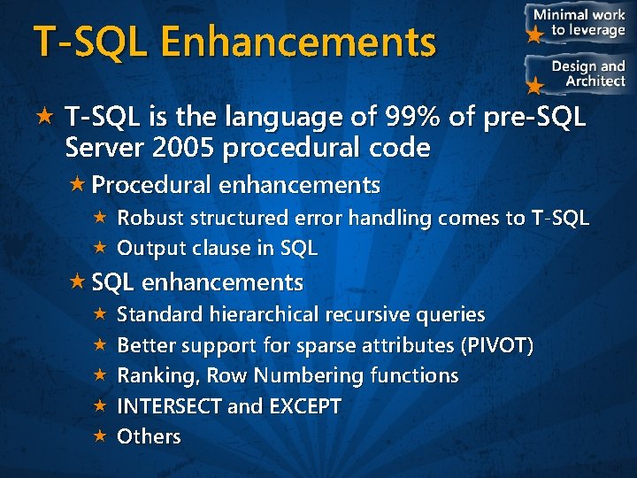 T-SQL Enhancements T-SQL is the language of 99% of pre-SQL Server 2005 procedural code