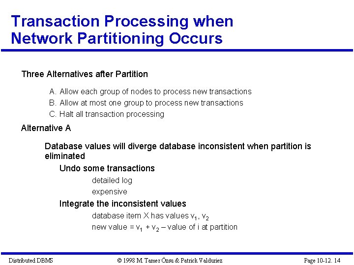 Transaction Processing when Network Partitioning Occurs Three Alternatives after Partition A. Allow each group