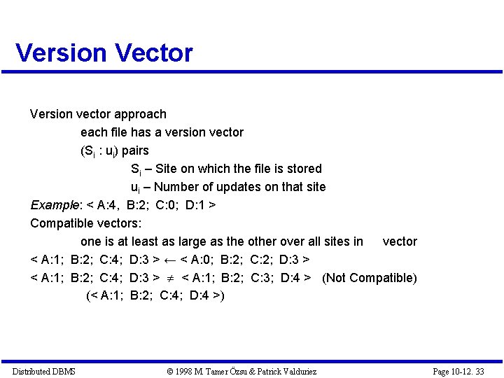 Version Vector Version vector approach each file has a version vector (Si : ui)