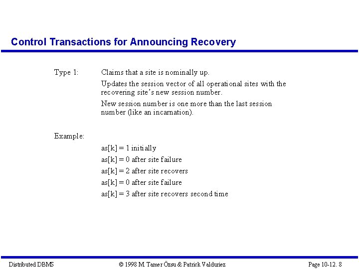 Control Transactions for Announcing Recovery Type 1: Claims that a site is nominally up.