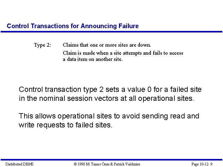 Control Transactions for Announcing Failure Type 2: Claims that one or more sites are