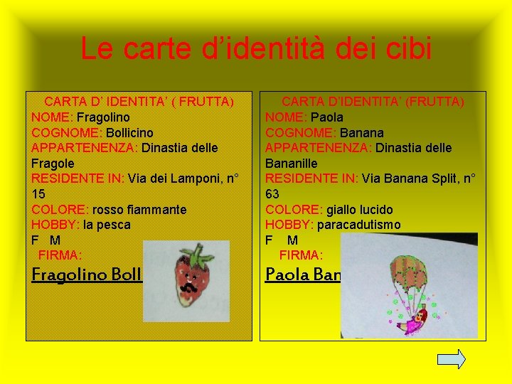 Le carte d’identità dei cibi CARTA D’ IDENTITA’ ( FRUTTA) NOME: Fragolino COGNOME: Bollicino