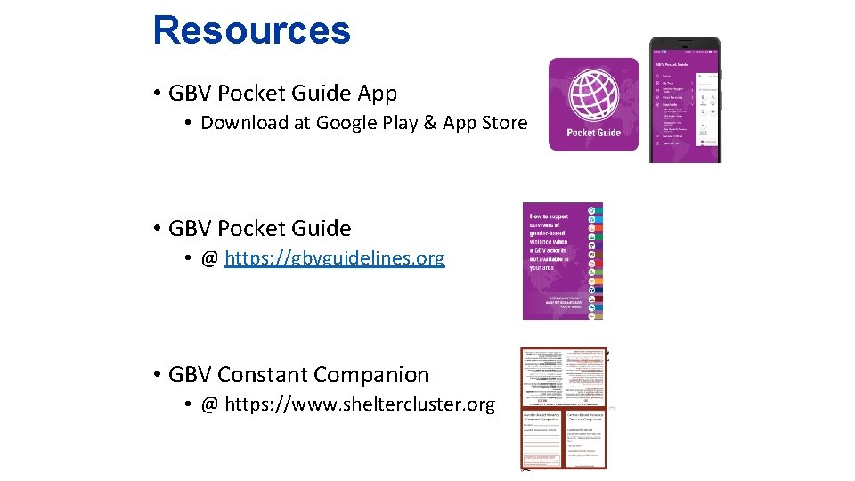 Resources • GBV Pocket Guide App • Download at Google Play & App Store