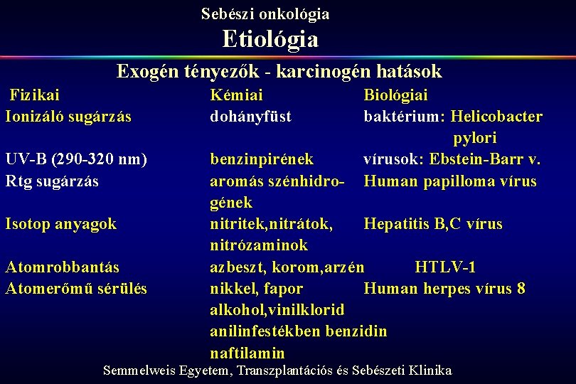 Sebészi onkológia Etiológia Exogén tényezők - karcinogén hatások Fizikai Ionizáló sugárzás Kémiai dohányfüst UV-B