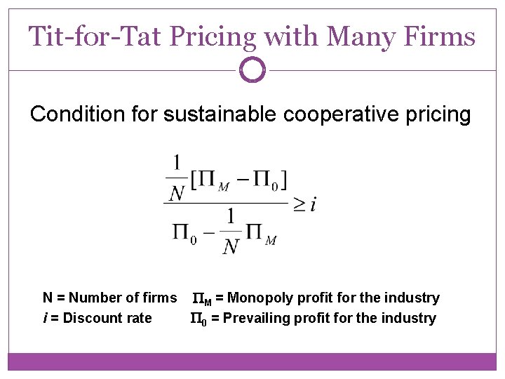 Tit-for-Tat Pricing with Many Firms Condition for sustainable cooperative pricing N = Number of