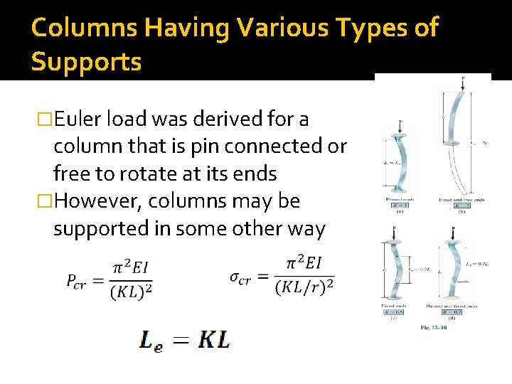 Columns Having Various Types of Supports �Euler load was derived for a column that