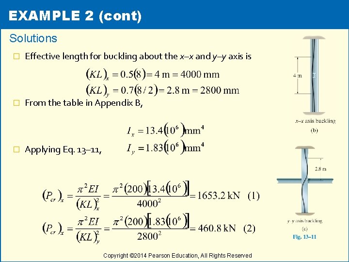 EXAMPLE 2 (cont) Solutions � Effective length for buckling about the x–x and y–y