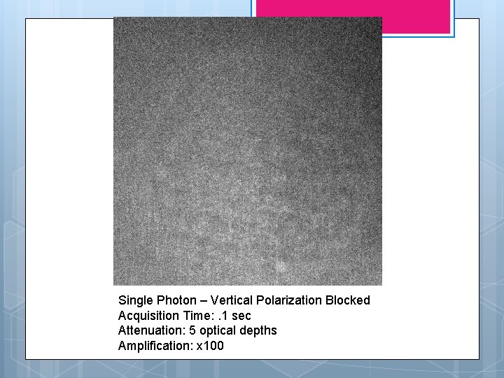 Single Photon – Vertical Polarization Blocked Acquisition Time: . 1 sec Attenuation: 5 optical