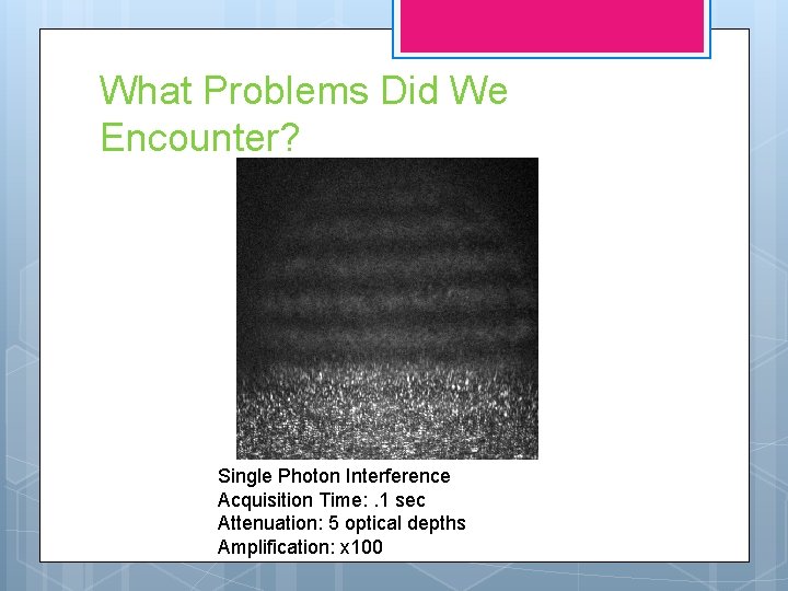 What Problems Did We Encounter? Single Photon Interference Acquisition Time: . 1 sec Attenuation: