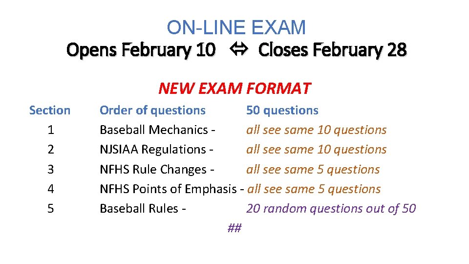 ON-LINE EXAM Opens February 10 Closes February 28 NEW EXAM FORMAT Section 1 2