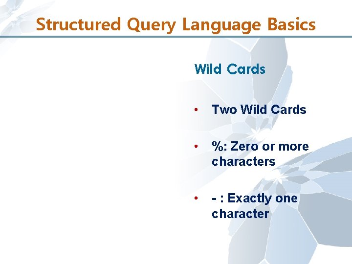 Structured Query Language Basics Wild Cards • Two Wild Cards • %: Zero or