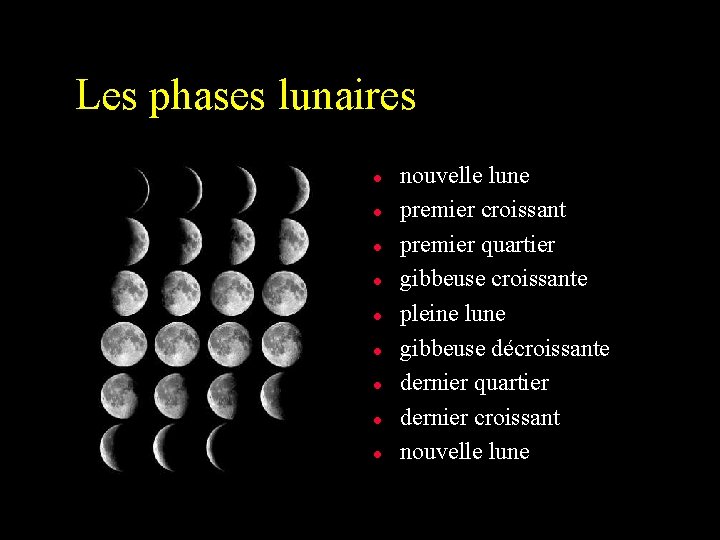 Les phases lunaires l l l l l nouvelle lune premier croissant premier quartier
