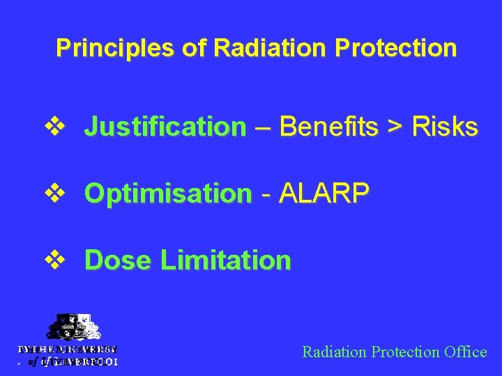 Principles of Radiation Protection v Justification – Benefits > Risks v Optimisation - ALARP