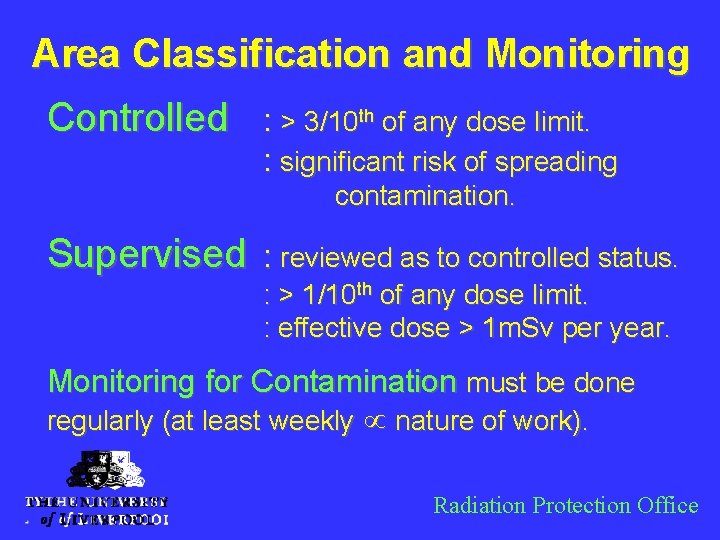 Area Classification and Monitoring Controlled : > 3/10 th of any dose limit. :