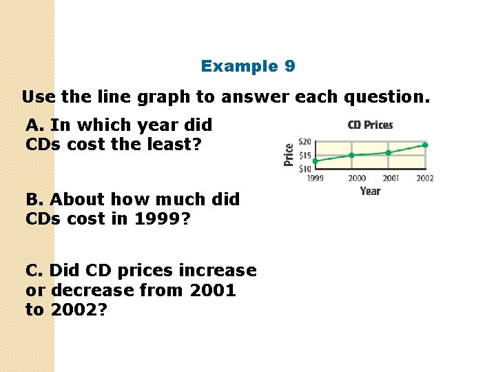 Example 9 Use the line graph to answer each question. A. In which year